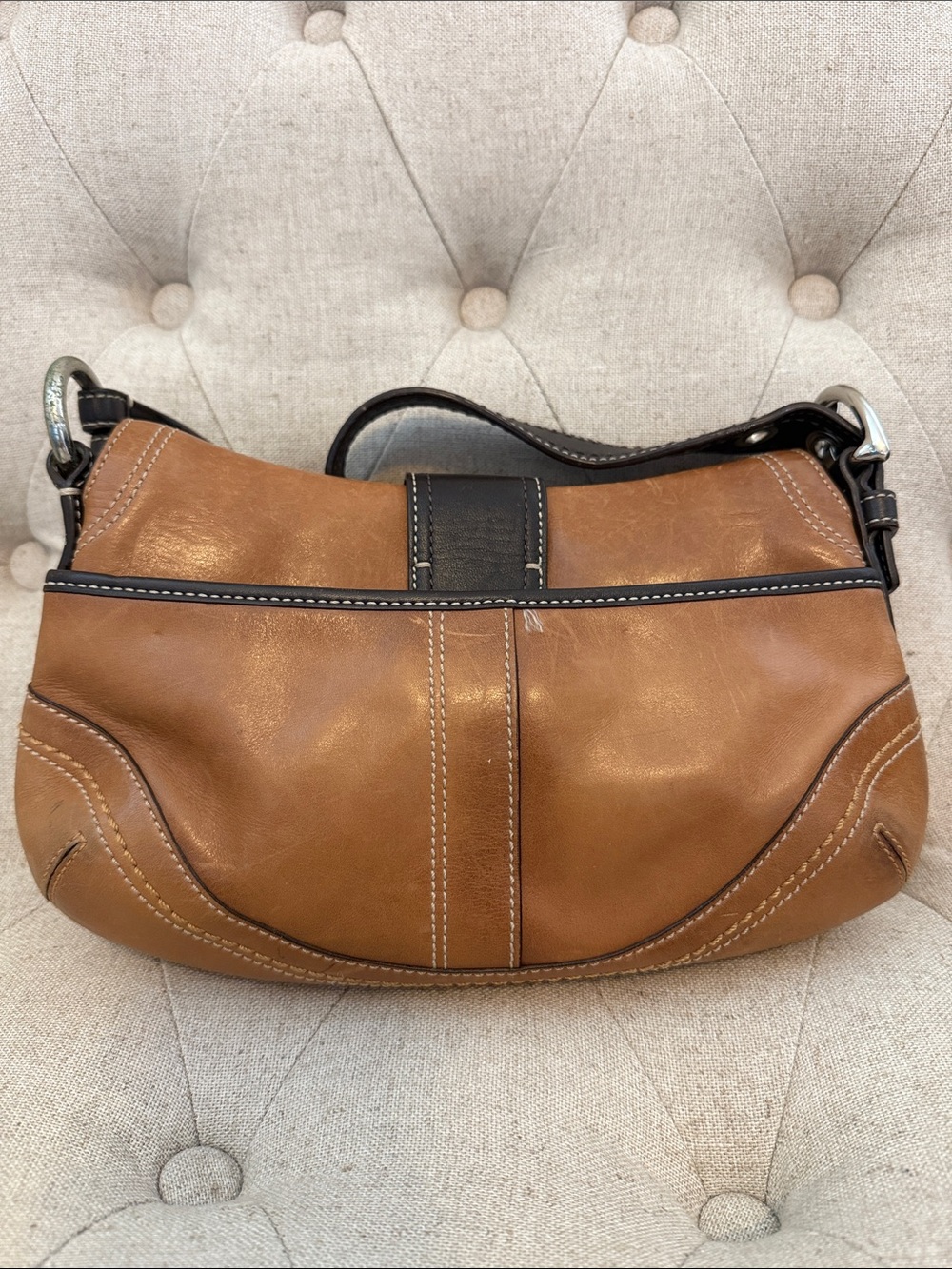 Coach Two-Tone Camel and Chocolate Leather Shoulder Bag - Picture 7 of 7